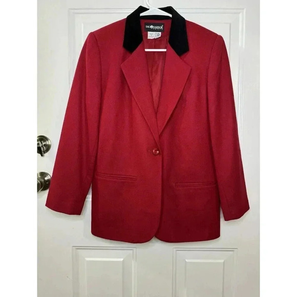 SAG HARBOR Vintage Red Wool Blazer Jacket Velvet Neck One Button Lined 6 Petite - Picture 2 of 9